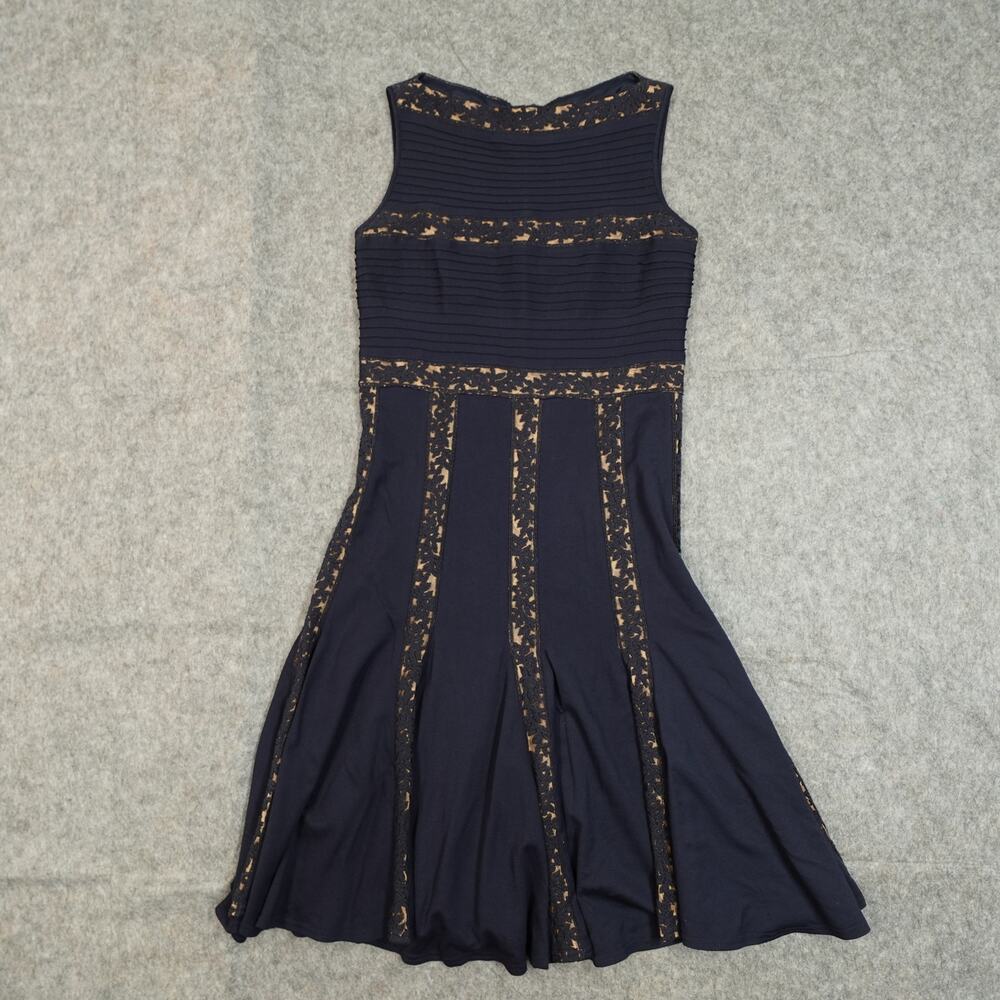 Tadashi Shoji Dress Womens Medium Lace Inset Jersey Fit Flare Cocktail Navy Nude - Picture 1 of 10